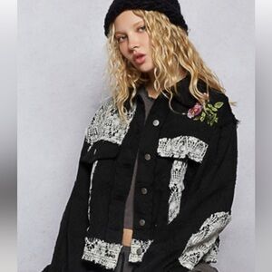 POL embroidery Black Lace-Trimmed Women's Jacket